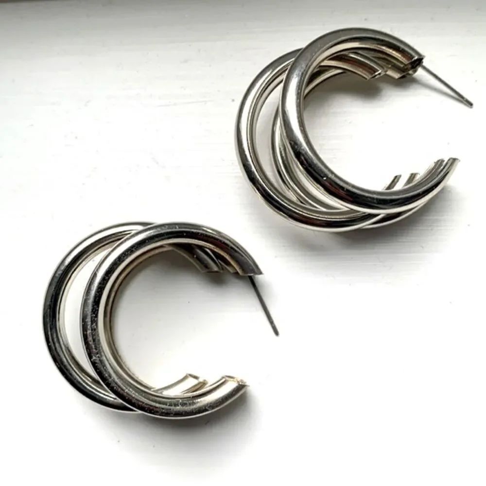 Hollow Triple Hoop Silver Tone Earrings Tri Hoop Earrings